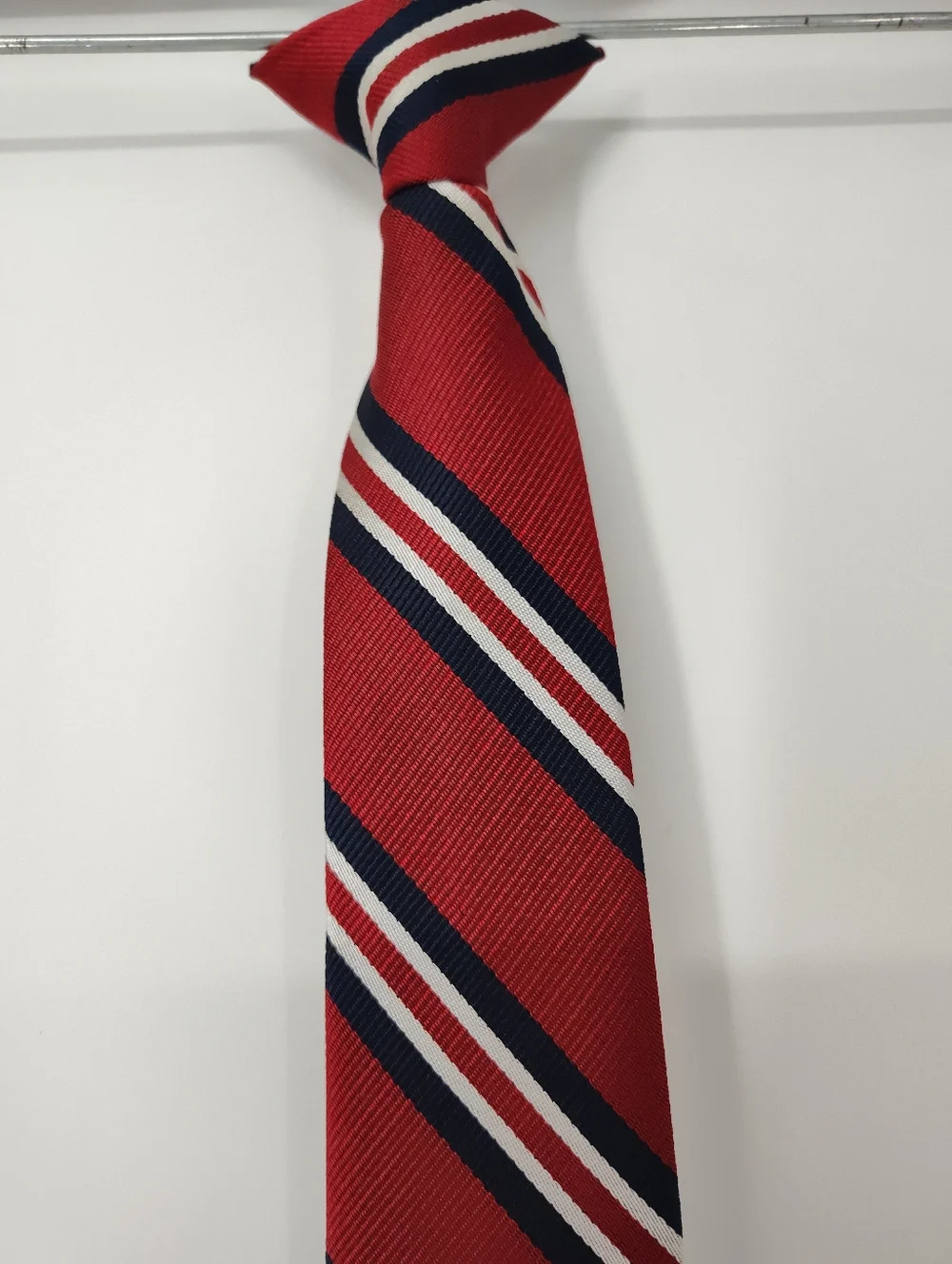 Boys Red With Navy Striped Clip On Tie